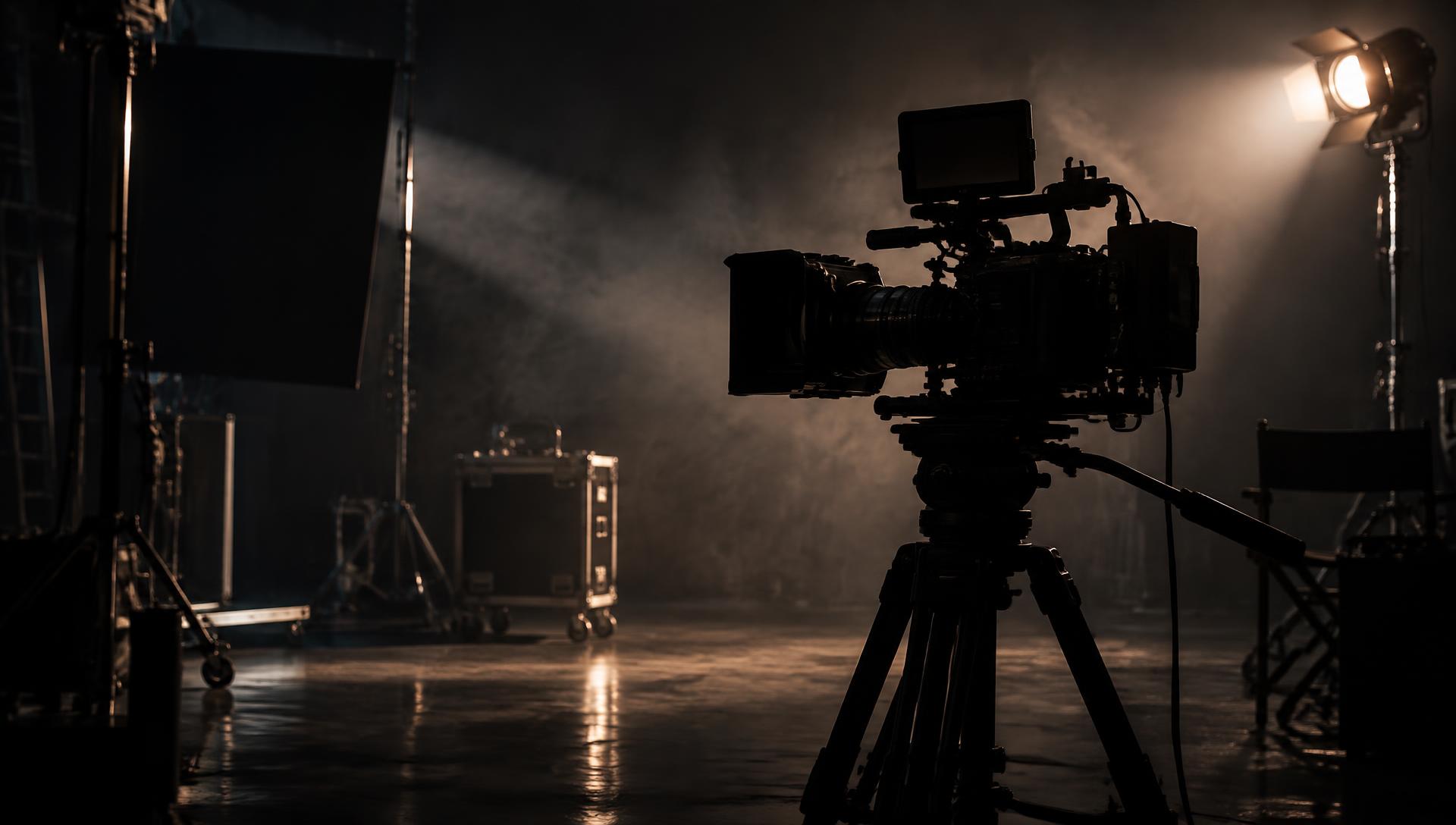 Set de producción audiovisual con una cámara de cine sobre trípode iluminada en un estudio oscuro
