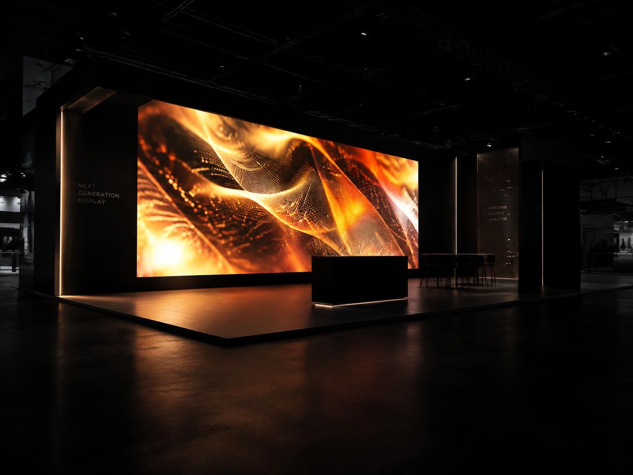 Videowall de gran formato iluminado en un stand de feria en penumbra